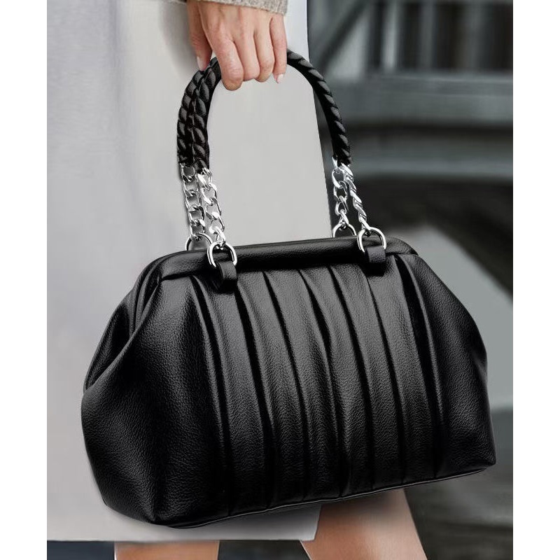 Boutique Black Wrinkled Durable Calf Leather Tote Bag