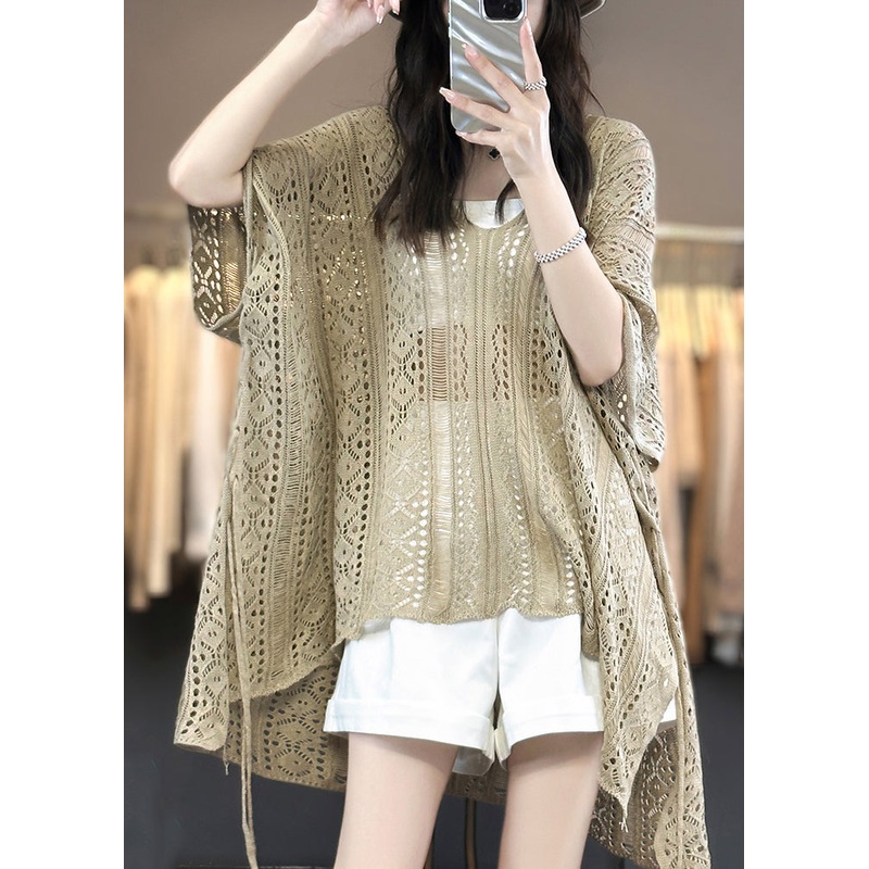 Camel Side Open Knit Summer T Shirts V Neck Hollow Out
