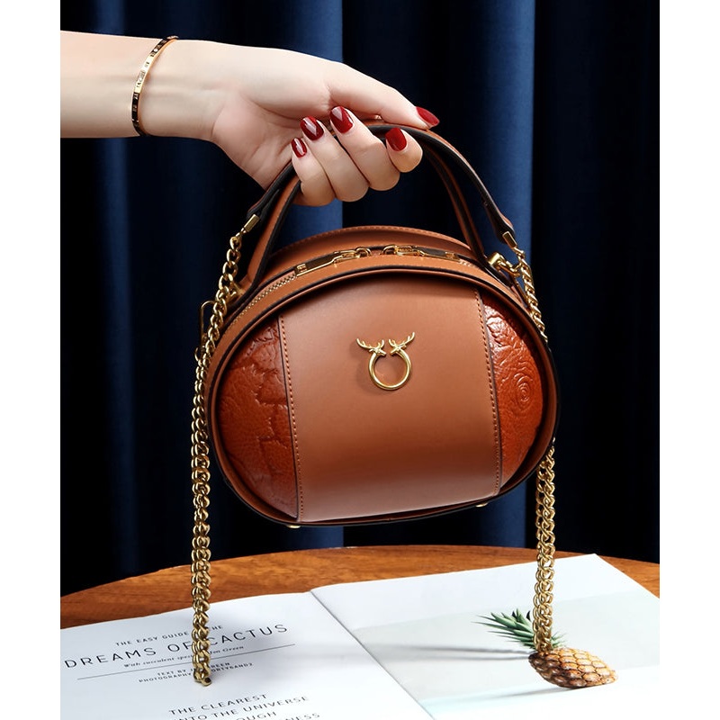 Casual Versatile Brown Calf Leather Round Bag