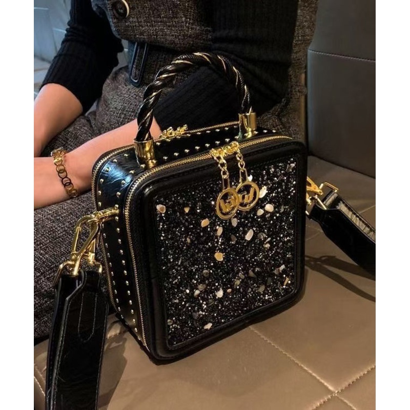 Chic Black Versatile Calf Leather Zircon Mini Bag