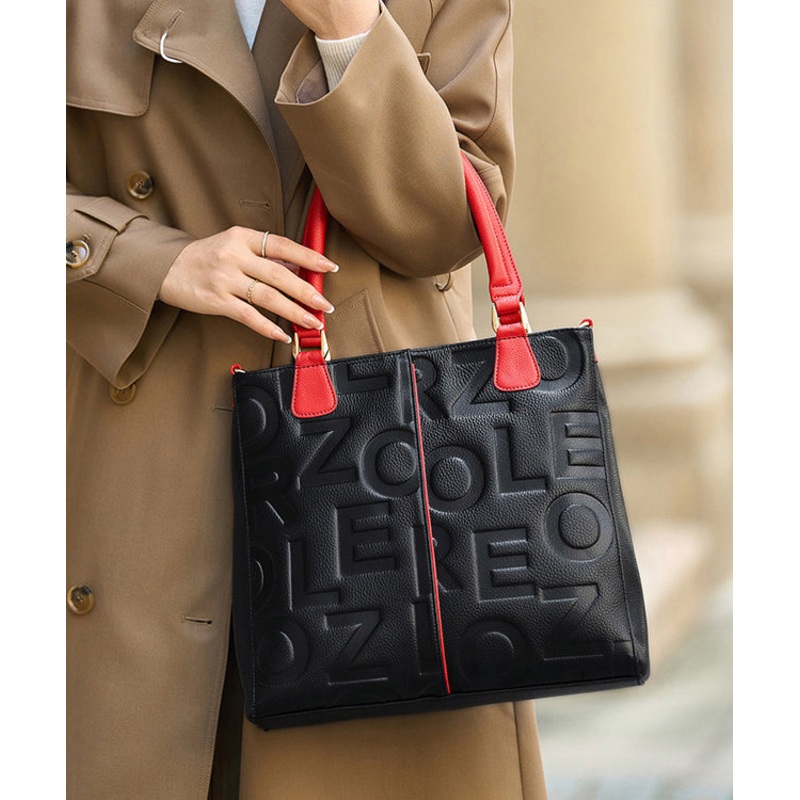 Classy Black Letter Embossed Calf Leather Tote Bag