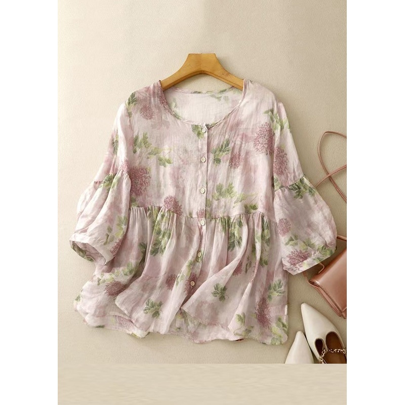 Classy Pink O Neck Print Button Cotton Blouse Bracelet Sleeve