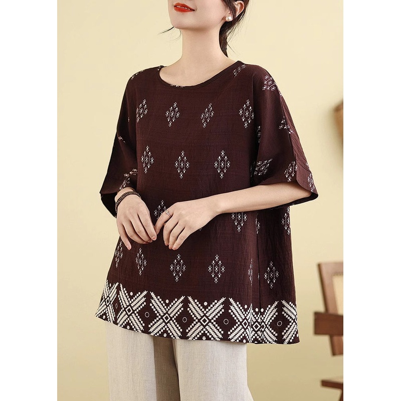 Dark Brown Print Casual T Shirt Short Sleeve