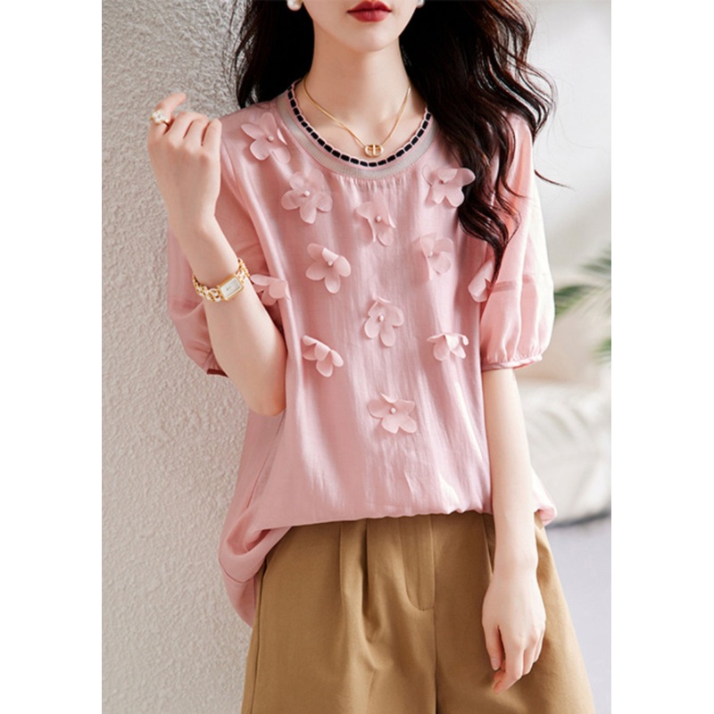 Elegant Pink Floral Knit Patchwork Chiffon Shirt Summer