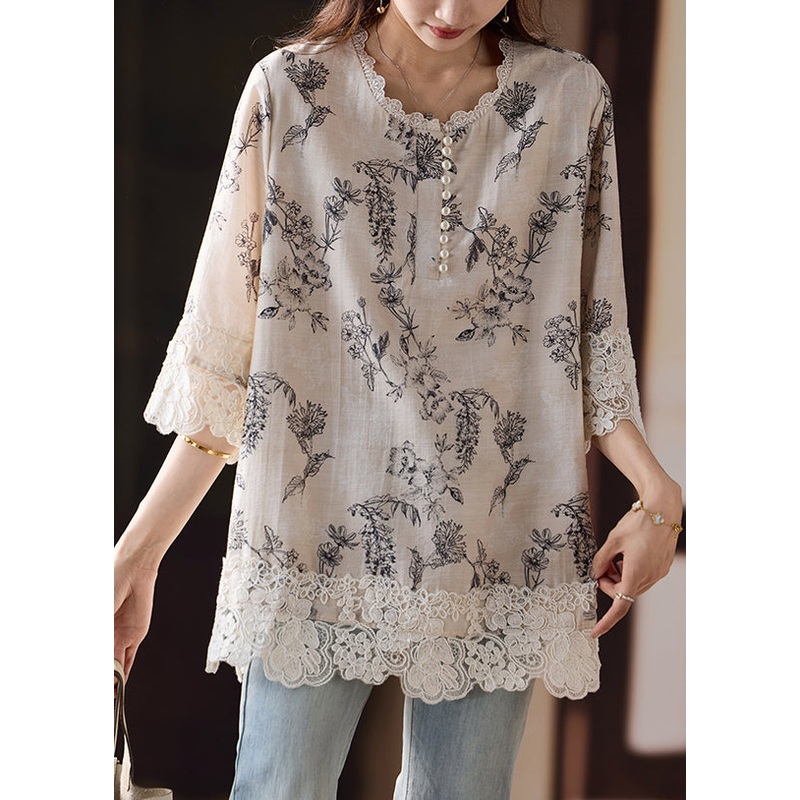 Loose Print Side Open Lace Patchwork Cotton Blouses Bracelet Sleeve