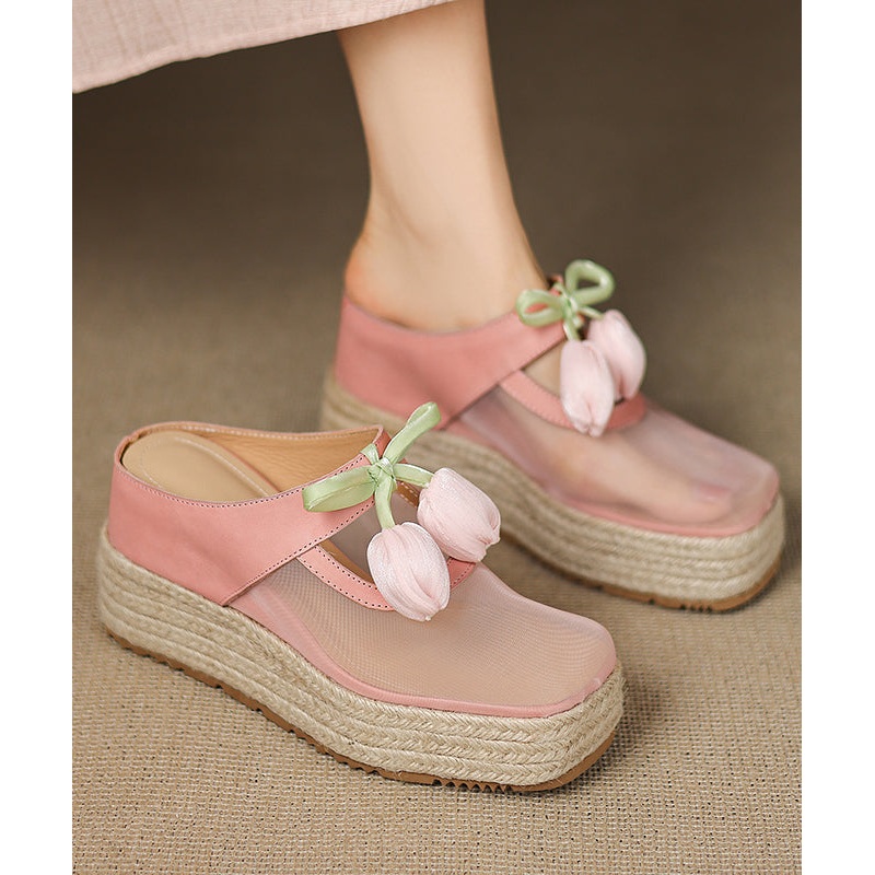 Pink Cowhide Leather Splicing Tulle Wedge Heels Slide Sandals