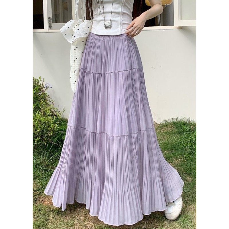 Simple Purple Wrinkled Elastic Waist Chiffon Skirt Summer