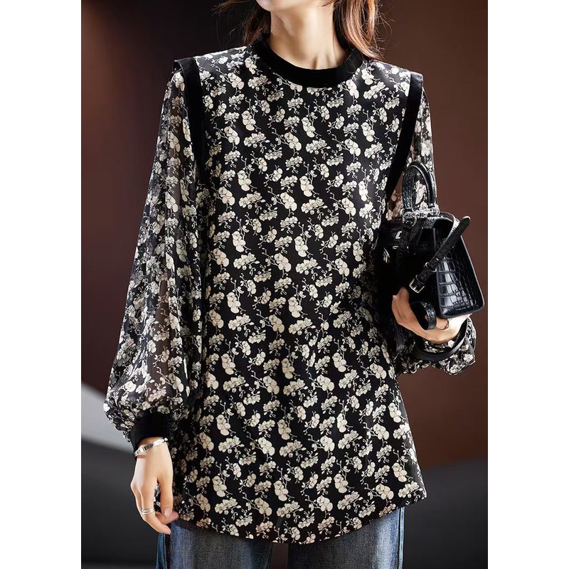 Stylish Black O Neck Print Chiffon Blouse Fall