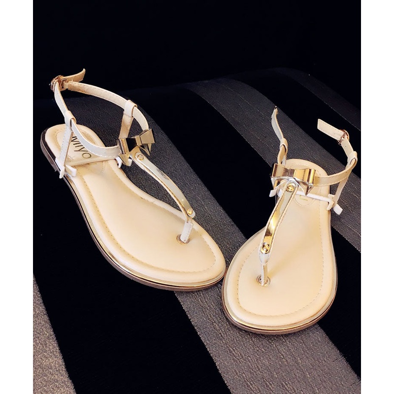 Stylish Bow Splicing Flip Flops Beige Faux Leather