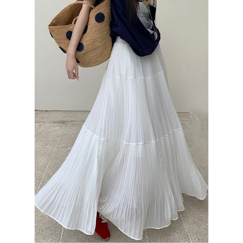 White Elastic Waist Solid Chiffon Maxi Skirts Wrinkled