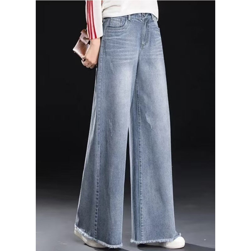 Women Light Blue Tasseled Denim Straight Pants Summer