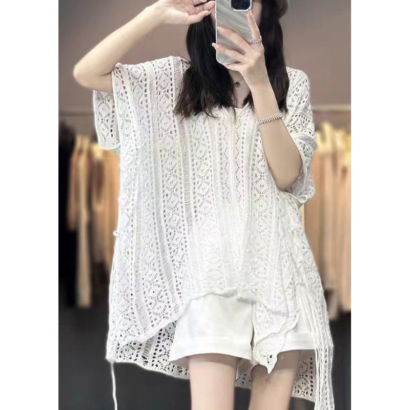 Women White V Neck Hollow Out Knit T Shirts Summer