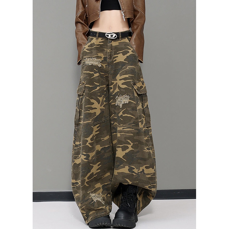 American Style Army Green Camouflage Pockets Denim Wide Leg Pants Fall