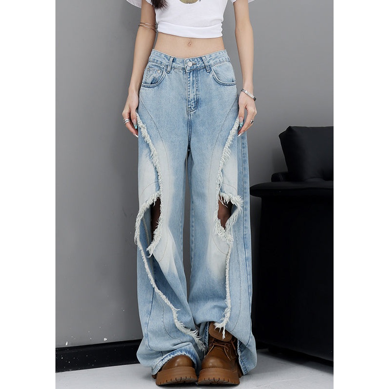 American Style Blue High Waist Ripped Jeans Fall