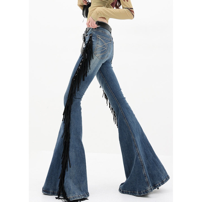 American Style Blue Tassel Denim Flared Trousers Fall