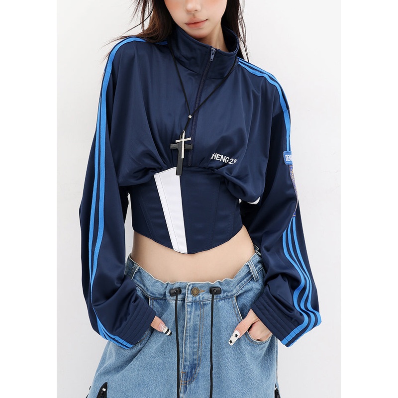 American Style Navy Stand Collar Lace Up Short Coat Fall