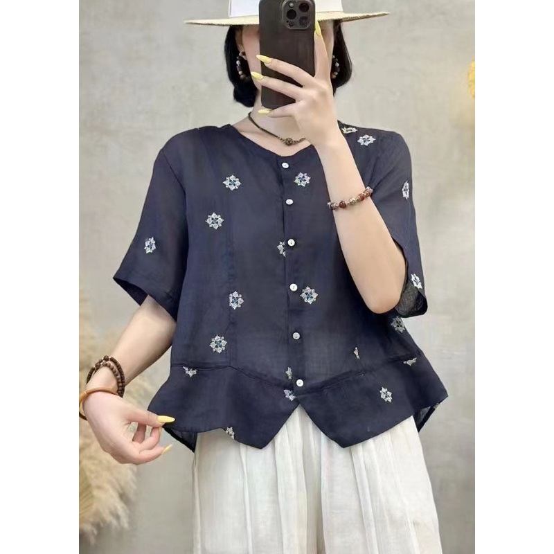 Art Navy Embroidered Patchwork Linen Shirt Top Summer