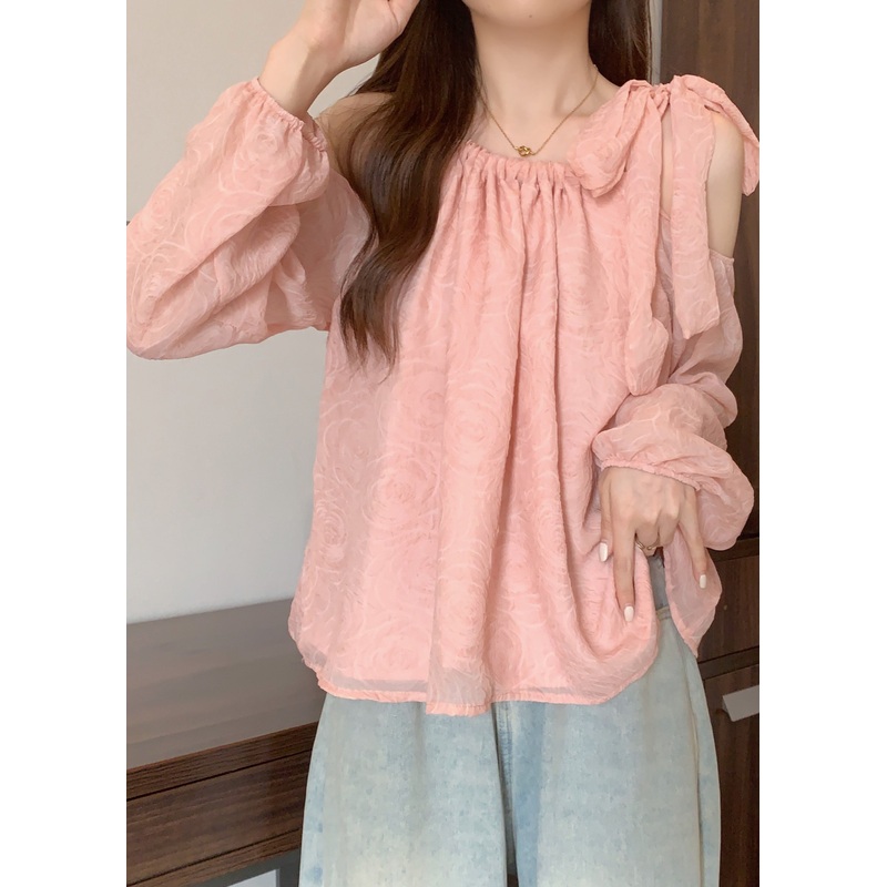 Beautiful Pink Cold Shoulder Bow Chiffon Shirt Tops Fall