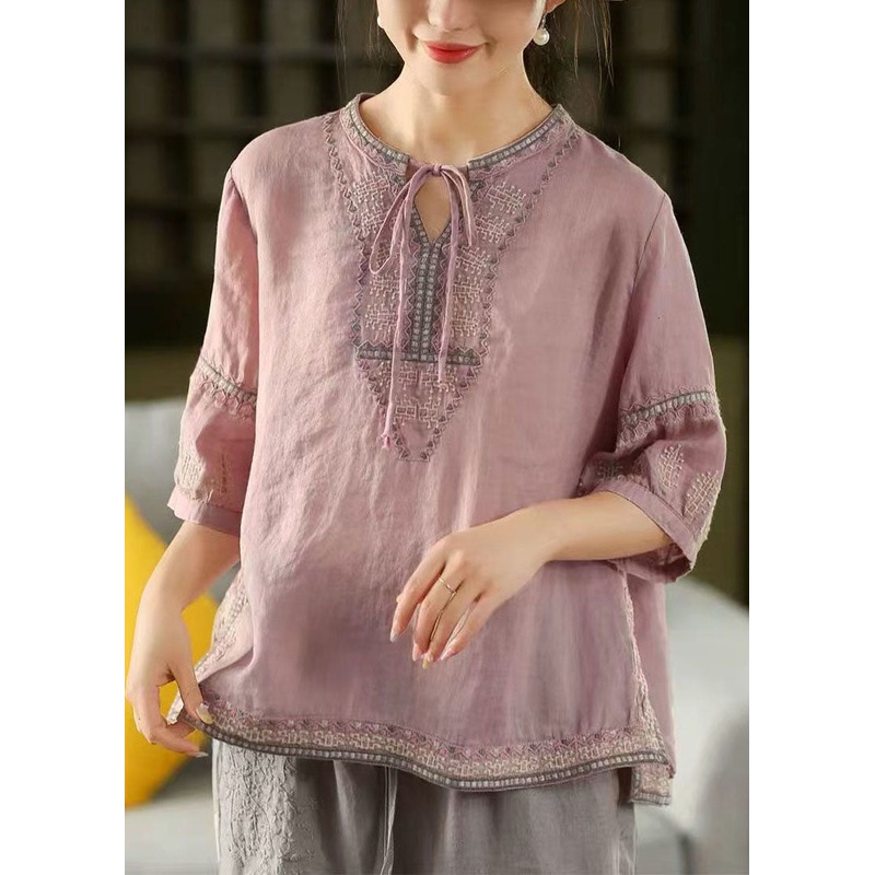 Beautiful Purple Embroidered Linen Shirt Top Summer