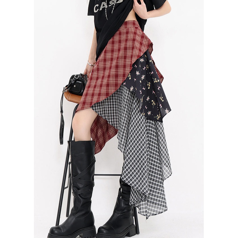Beautiful Red Asymmetrical Plaid Cotton Skirts Summer