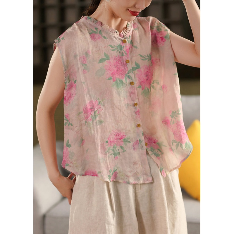 Black Print Linen Beach Vest Ruffled Sleeveless