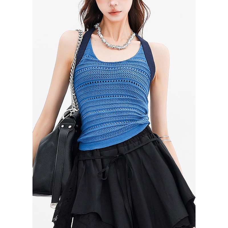 Bohemian Blue Backless Hollow Out Knit Top Summer