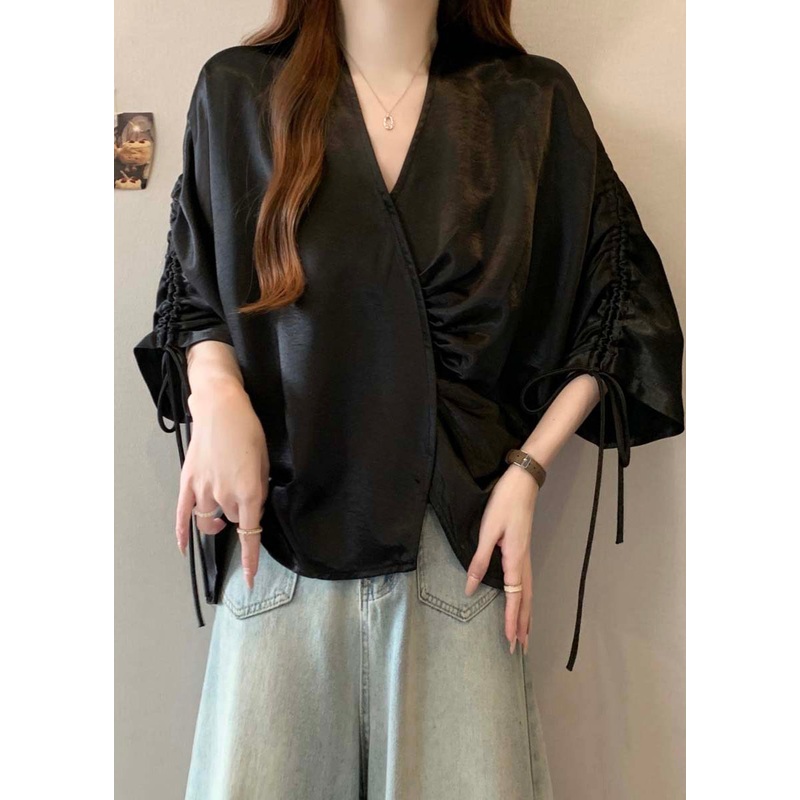 Boutique Black Asymmetrical Drawstring Silk Blouses Bracelet Sleeve