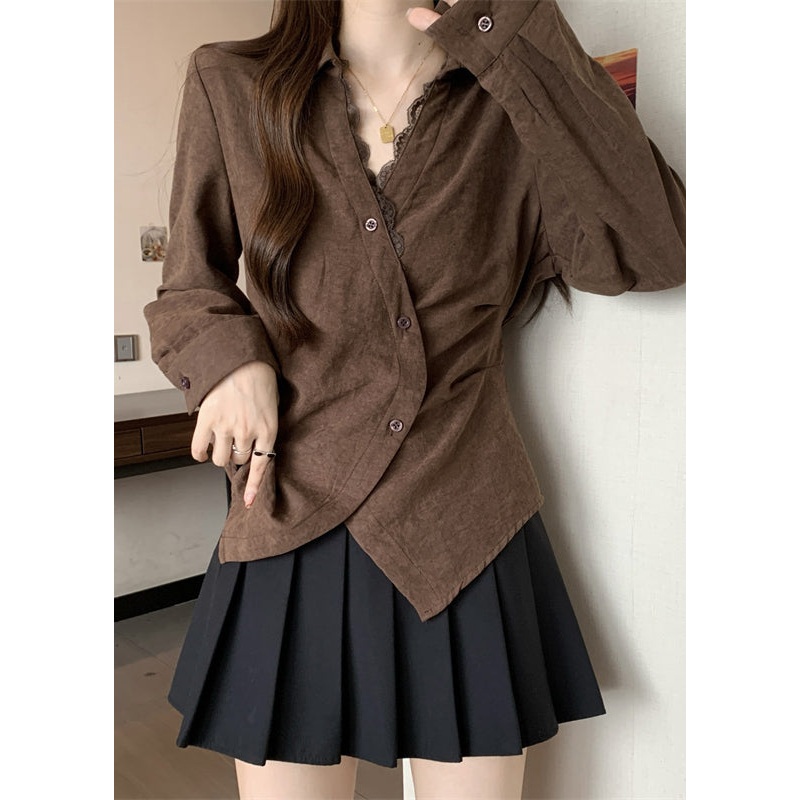 Brown Patchwork Silk Top Asymmetrical Design Fall