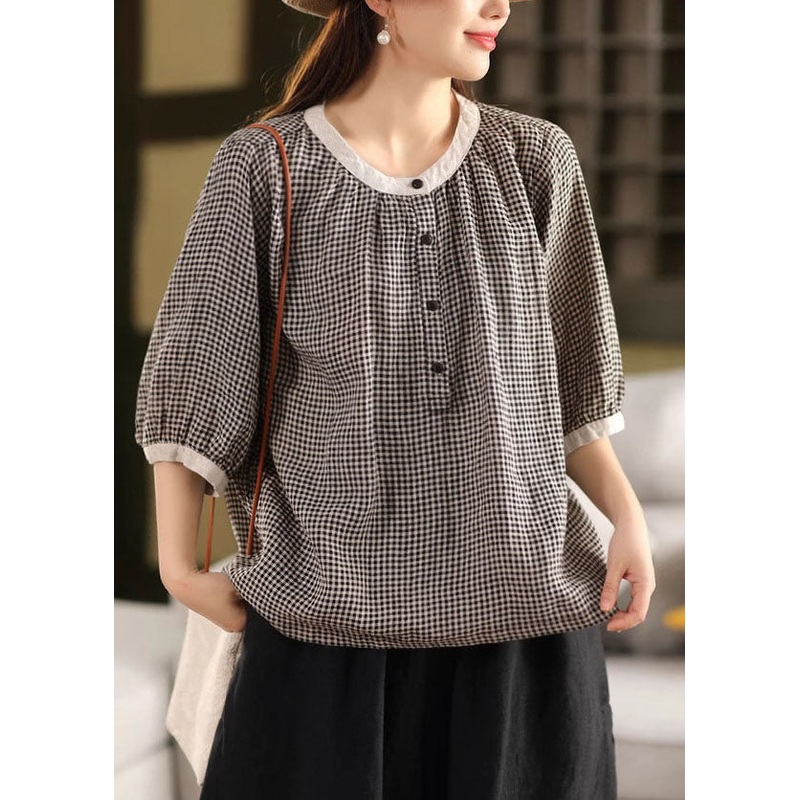 Brown Plaid Linen Top Oversized Half Sleeve