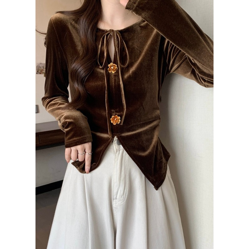 Brown Silm Fit Silk Velour Blouse Tops Side Open Lace Up Fall