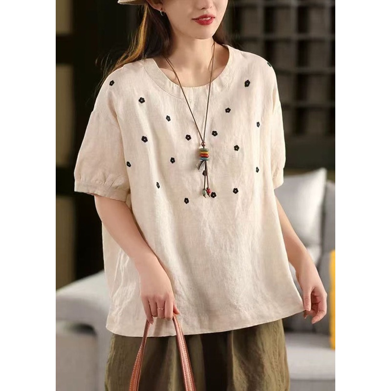 Casual White O-Neck Embroideried Linen Tops Summer