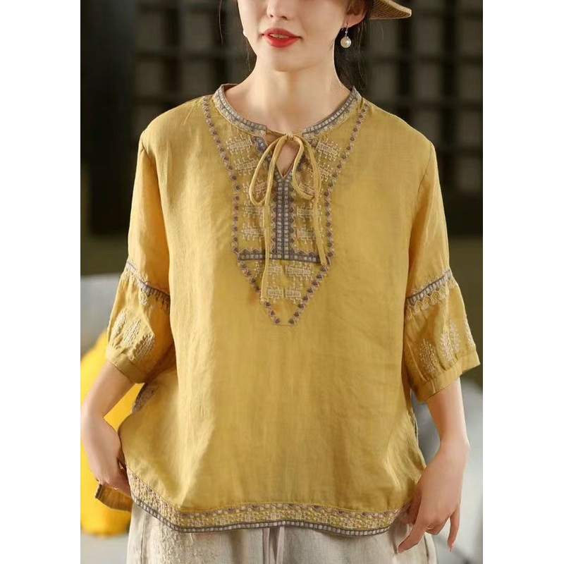 Casual Yellow Embroidered Tie Neck Linen Blouses Half Sleeve