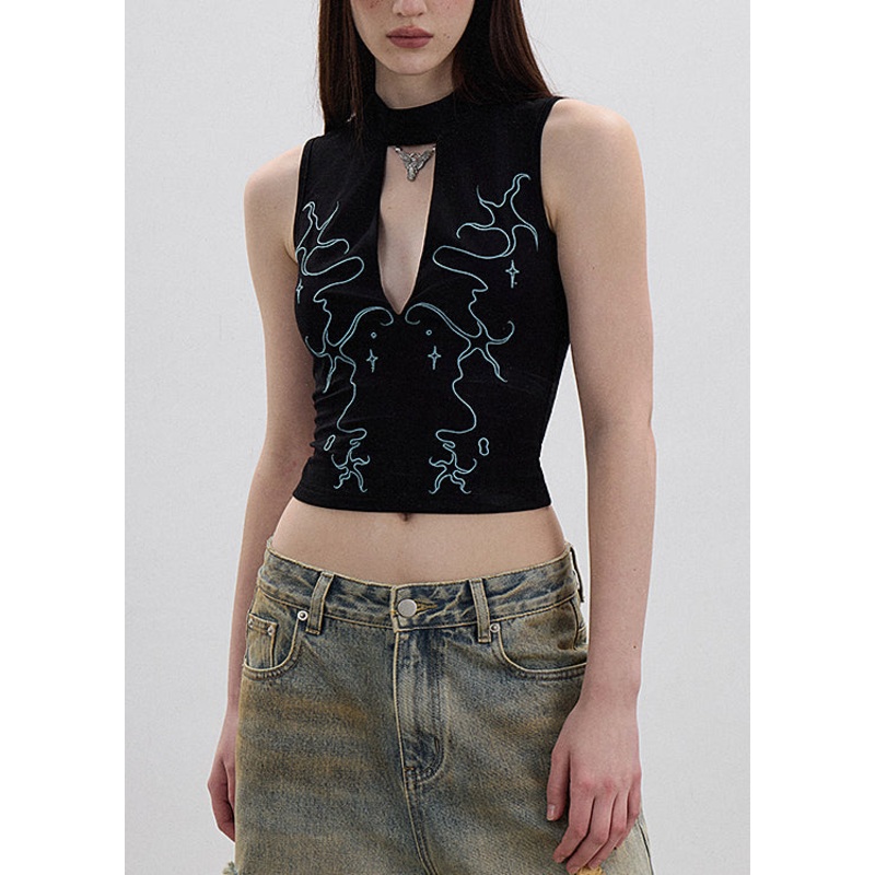Chic Black Hollow Out Embroidered Cotton Tank Sleeveless
