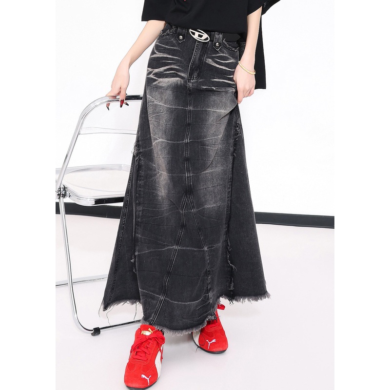 Chic Black Tassel Pockets Patchwork Slim Fit Denim Skirts Fall