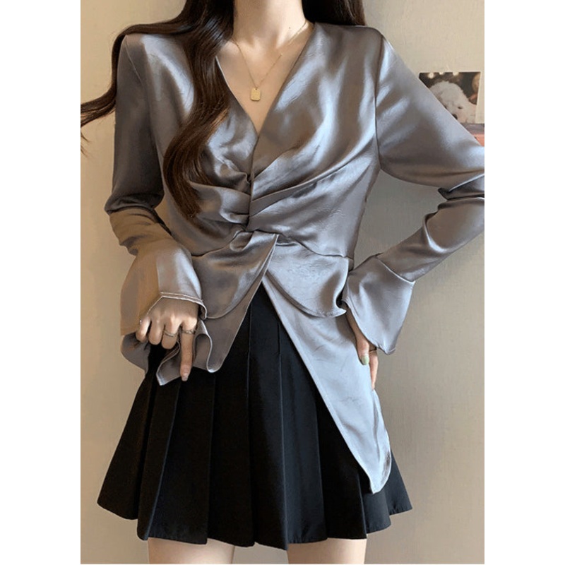 Chic Grey Side Open Wrinkled Silk Shirt Tops Fall