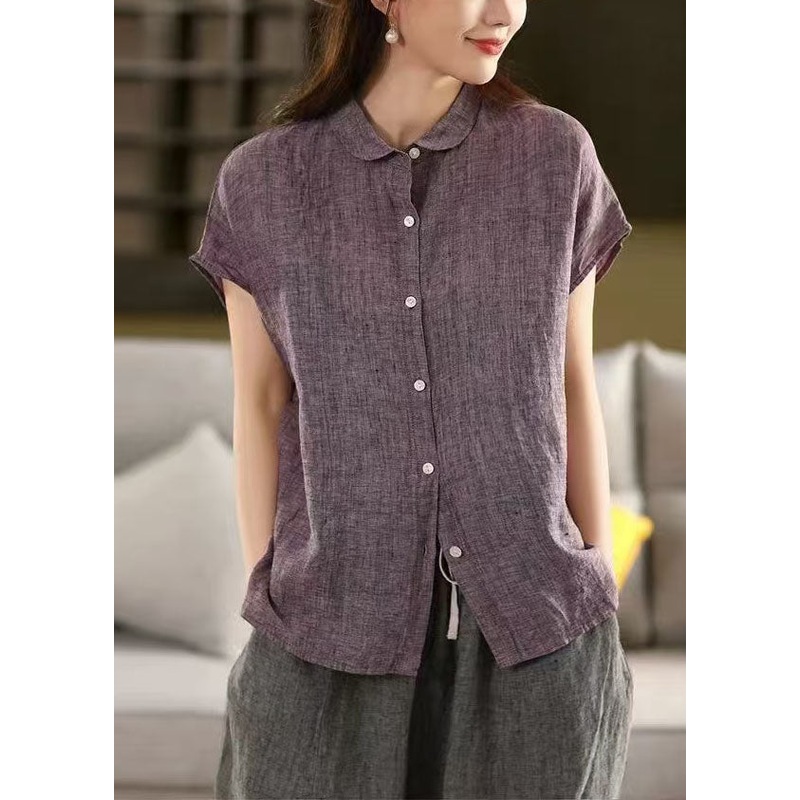 Chic Purple Peter Pan Collar Linen Shirt Top Summer