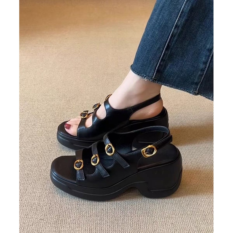 New Splicing Platform Sandals Black Faux Leather Peep Toe