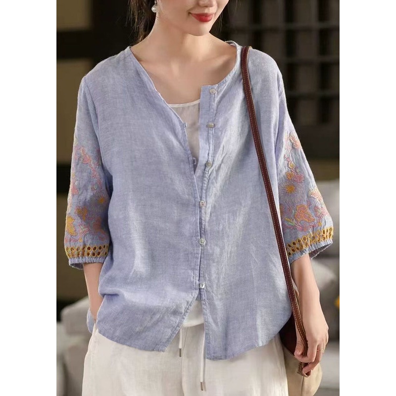 Sky Blue Linen Tops Oversized Embroidered Bracelet Sleeve