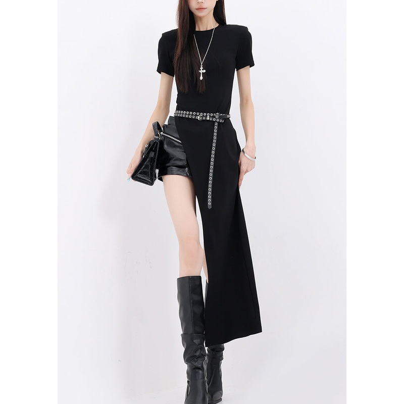 Slim Fit Black O Neck Asymmetrical Design Cotton Top Summer