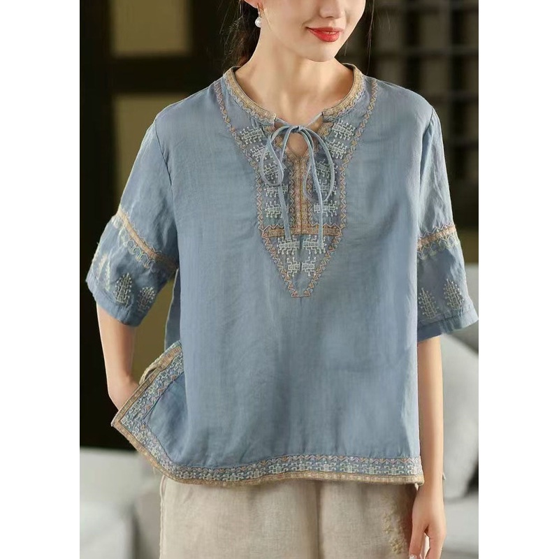 Stylish Blue Embroidered Side Open Linen Top Half Sleeve
