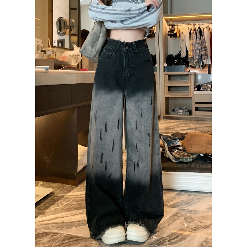 Unique Black Tasseled Gradient Color Denim Wide Leg Pants Fall