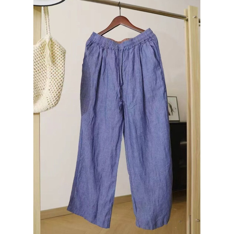 Vintage Blue Oversized Linen Straight Pants Summer