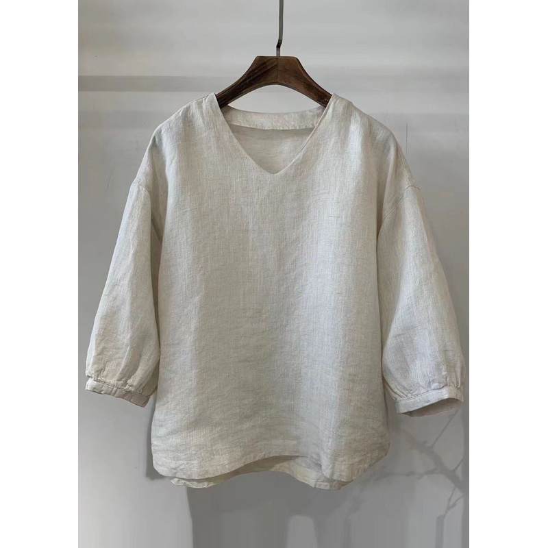 Vintage White Oversized Linen Shirt Tops Bracelet Sleeve