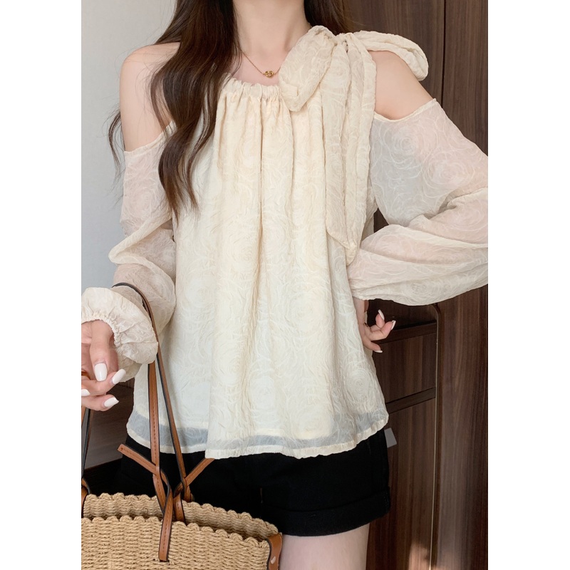 White Jacquard Chiffon Shirt Tops Cold Shoulder Fall