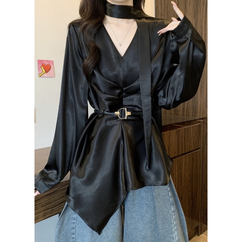 Women Black Asymmetrical Design Draping Silk Tunic Shirts Fall