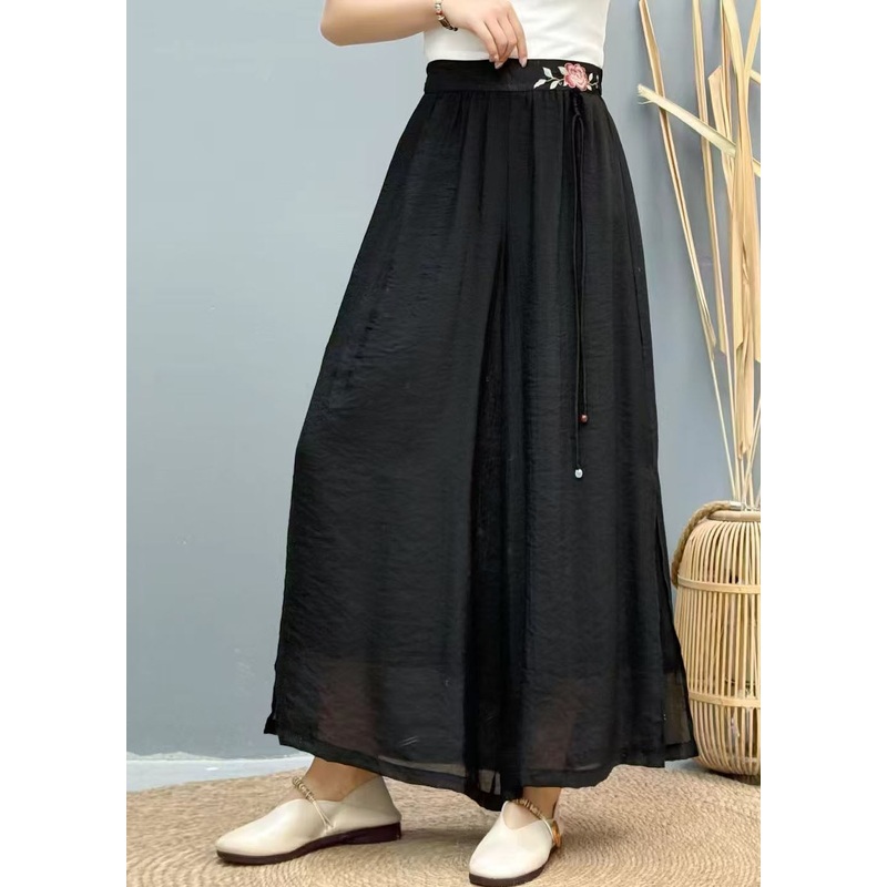 Women Black Tasseled Embroidered Linen Wide Leg Pants Summer