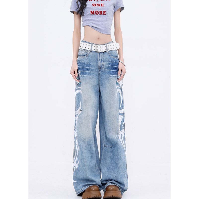 Women Blue Pockets Graffiti Denim Wide Leg Pants Fall