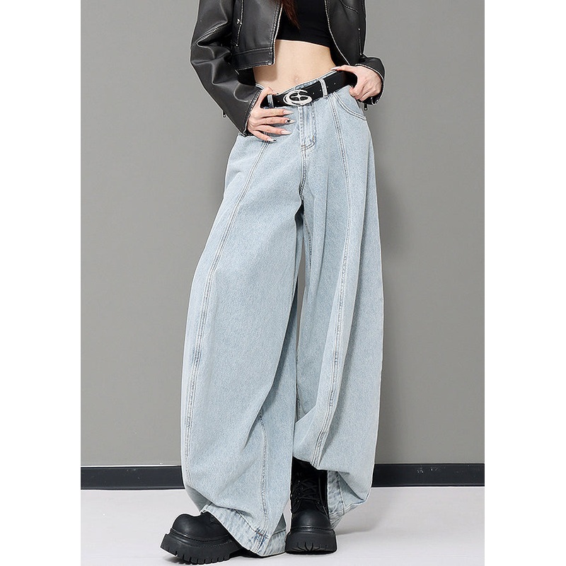 Women Blue Pockets Patchwork Denim Wide Leg Pants Fall