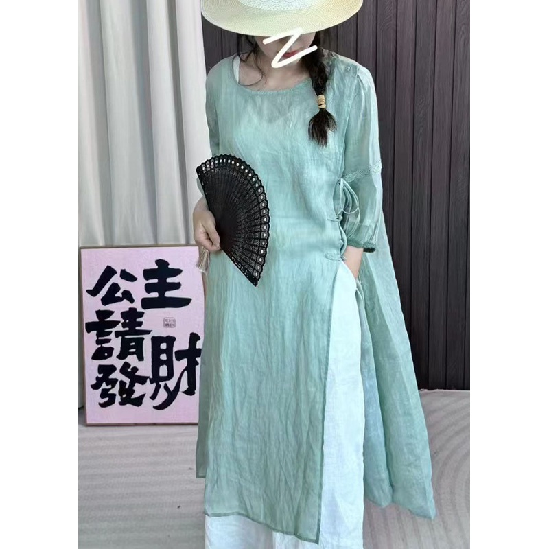 Women Lake Green Patchwork Lace Up Linen Dress Bracelet Sleeve