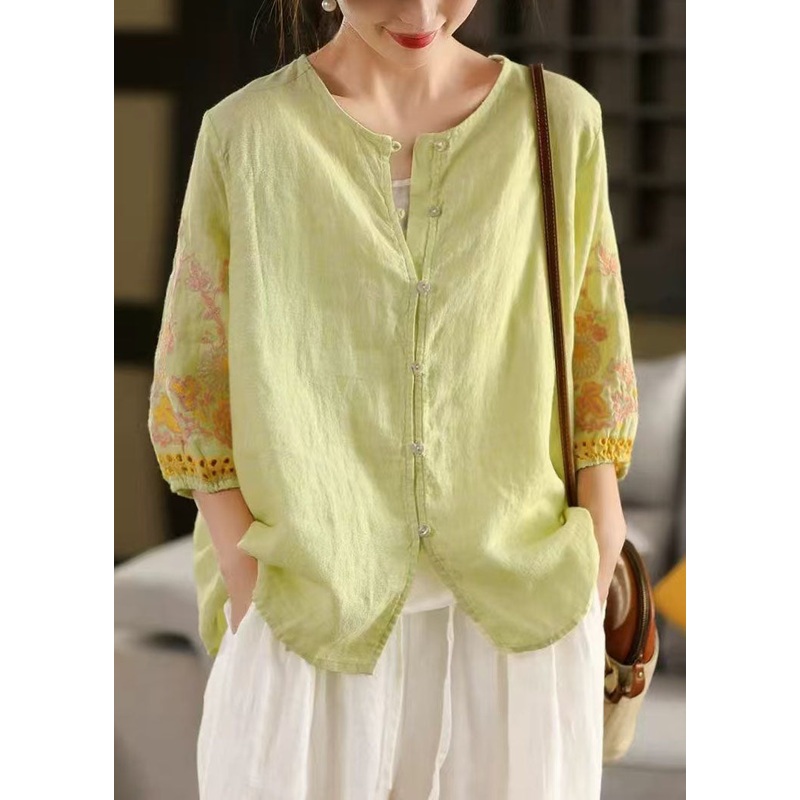 Women Light Green Embroidered Linen Shirts Bracelet Sleeve